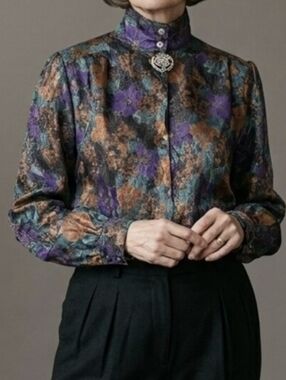 Vintage 80s Floral Tie-Neck Blouse in Purple, Teal & Brown